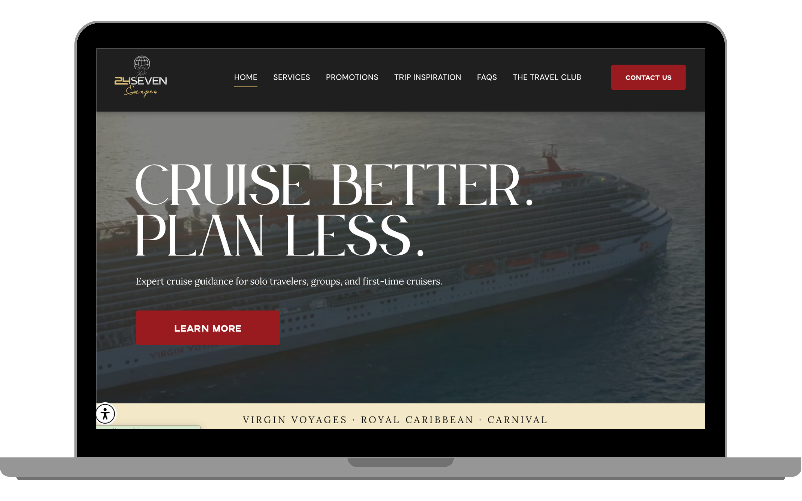 24Seven Escapes cruise travel website on laptop, with the mobile booking flow alongside