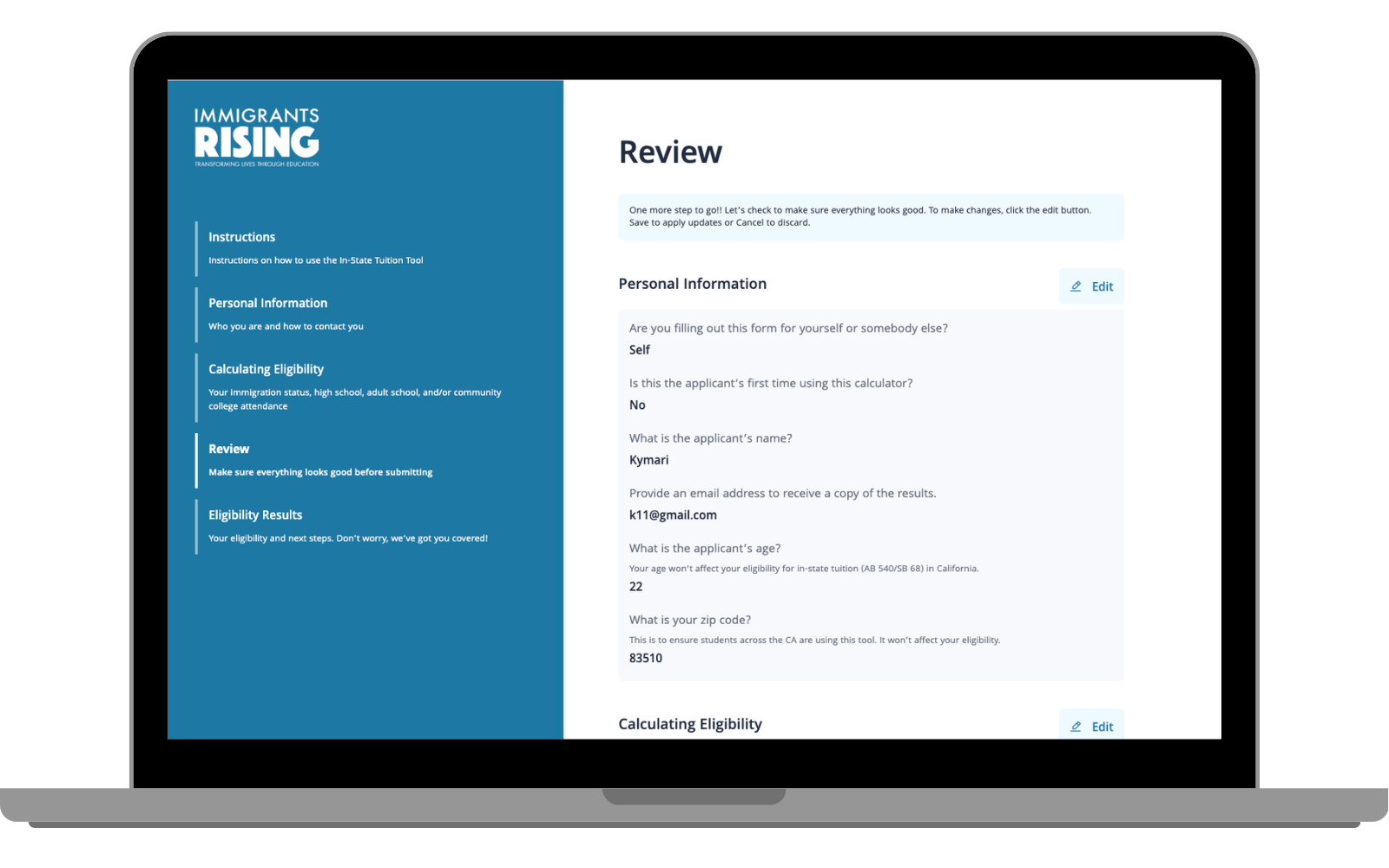 Immigrants Rising tuition tool review screen, with the mobile eligibility flow alongside