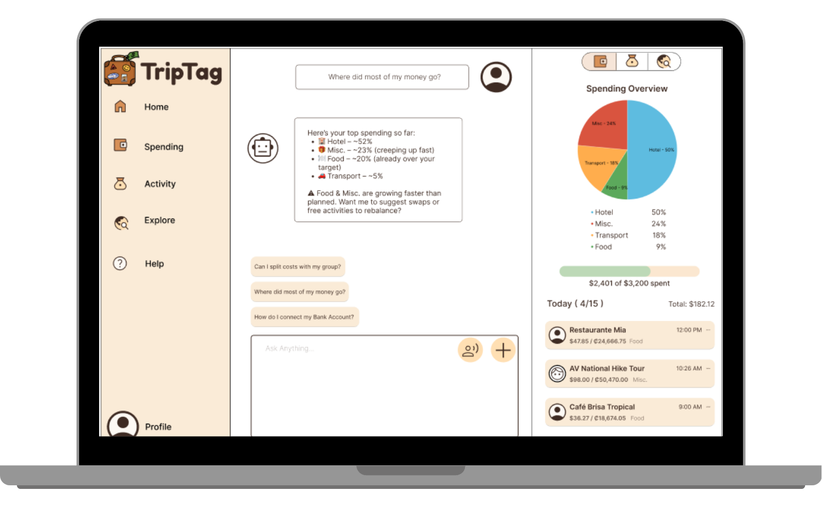 TripTag travel budgeting concept dashboard, with the mobile chat screen alongside